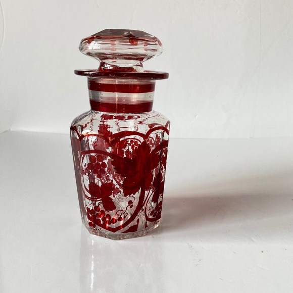 Bohemian Glass Pickle Jar Ruby Red Grapes Pattern Vintage Circa 1930s AS IS. - Picture 3 of 11